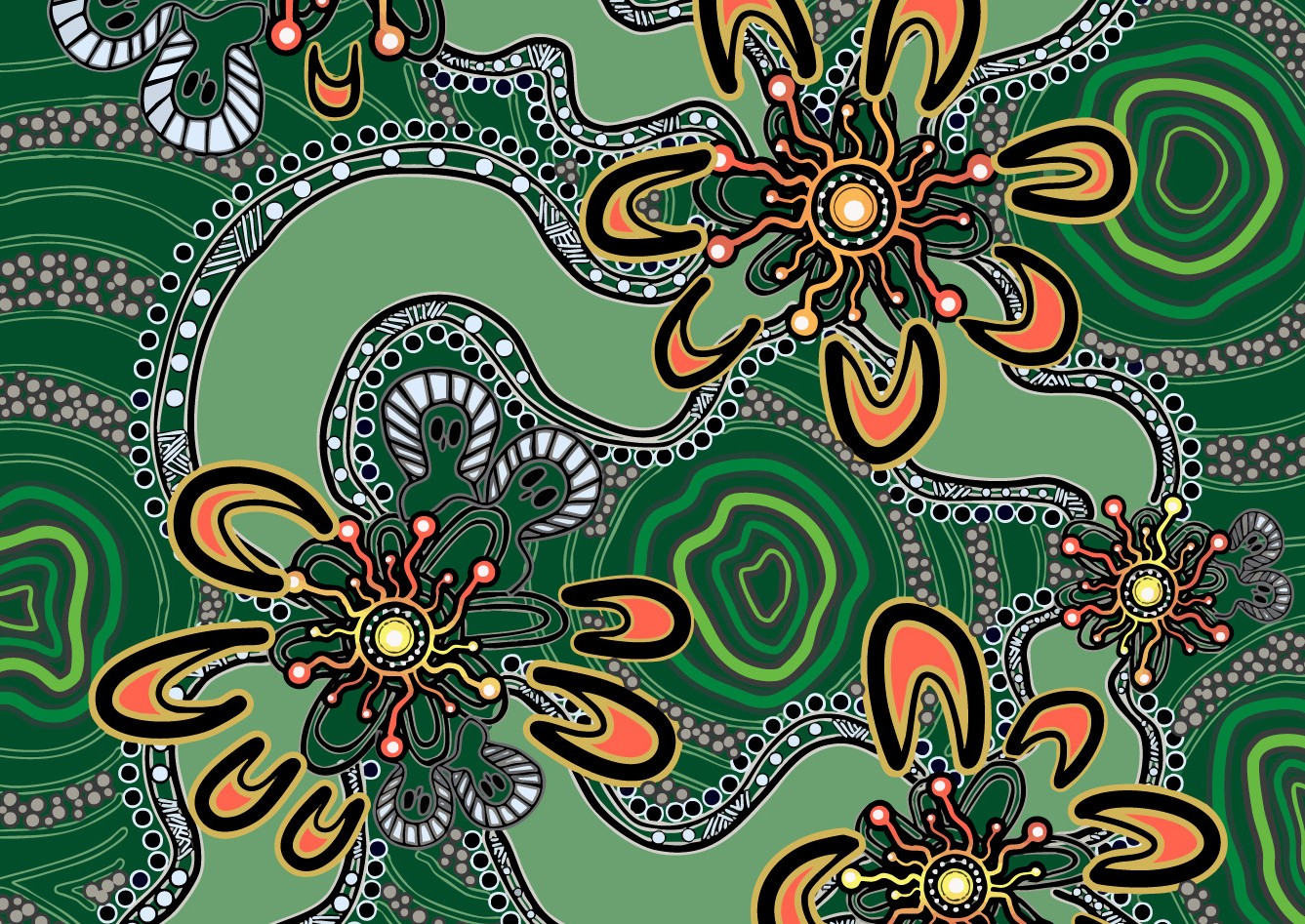 Acknowledgement of Country page featuring Indigenous artwork by Nikita Ridgeway with her portrait, artist biography and artwork story.