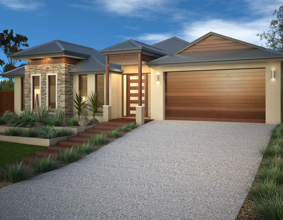 Modern single-storey home with a wide exposed aggregate concrete driveway leading to a double garage, landscaped front yard and entry path.