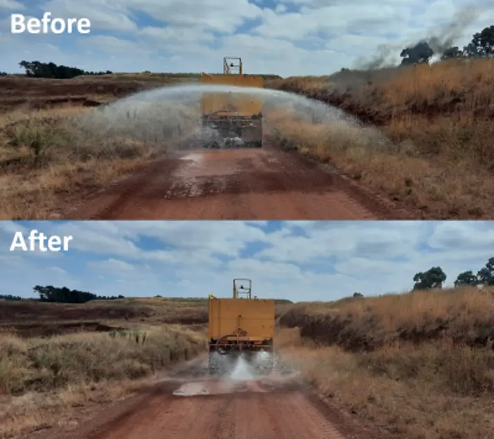 Before-and-after comparison of water usage reduction at Heidelberg Materials Australia’s Diggers Rest Quarry in Victoria, showing improved dust suppression efficiency on an unsealed quarry haul road.