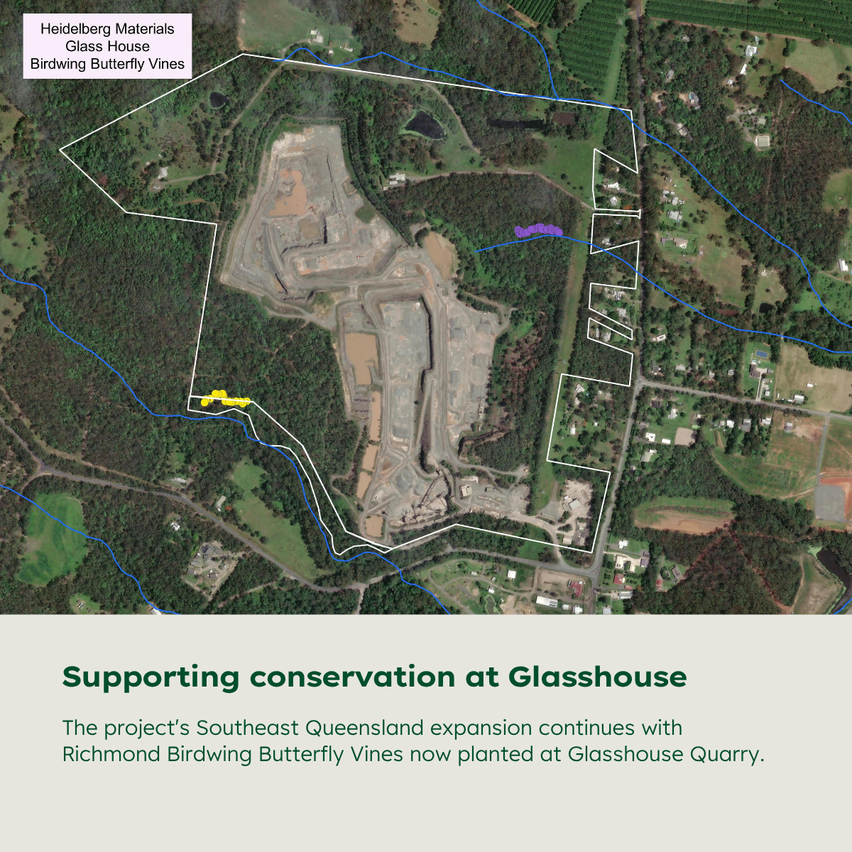 Aerial map of Glasshouse Quarry showing locations selected for Richmond Birdwing Butterfly Vine planting.
