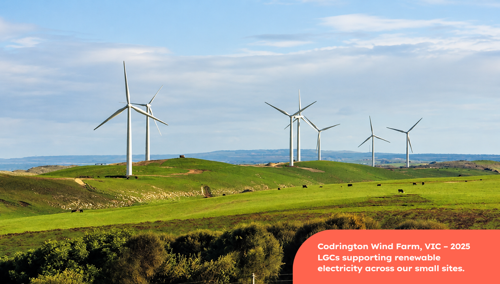 Wind turbines across the green landscape at Codrington Wind Farm in Victoria.