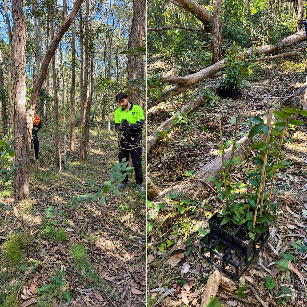 Richmond Birdwing Butterfly Vines and a team member at a planting site within Ferny Grove Quarry.
