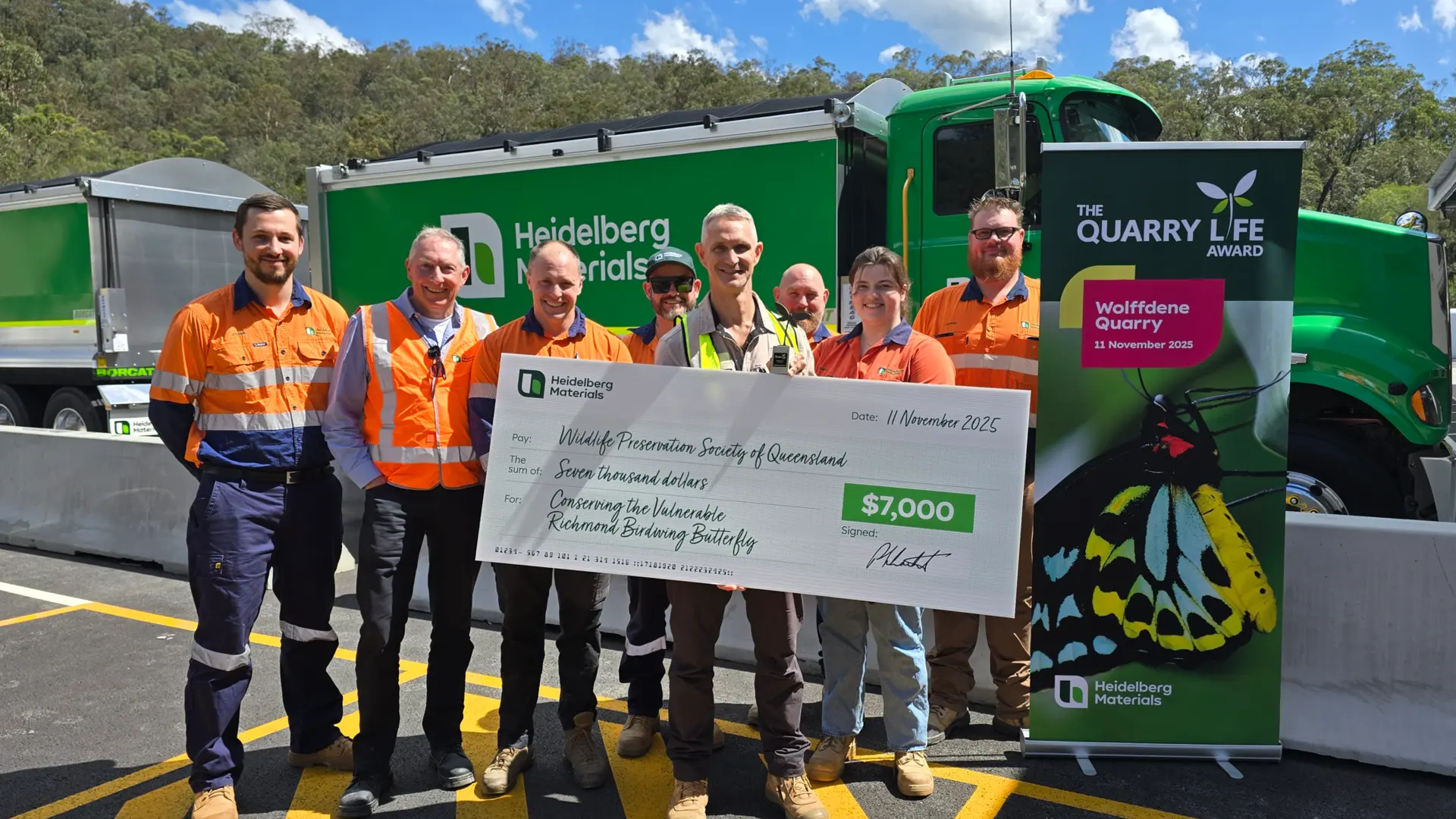 Heidelberg Materials team presenting a $7,000 cheque to Wildlife Preservation Society of Queensland at Wolffdene Quarry for the Quarry Life Award 6th edition